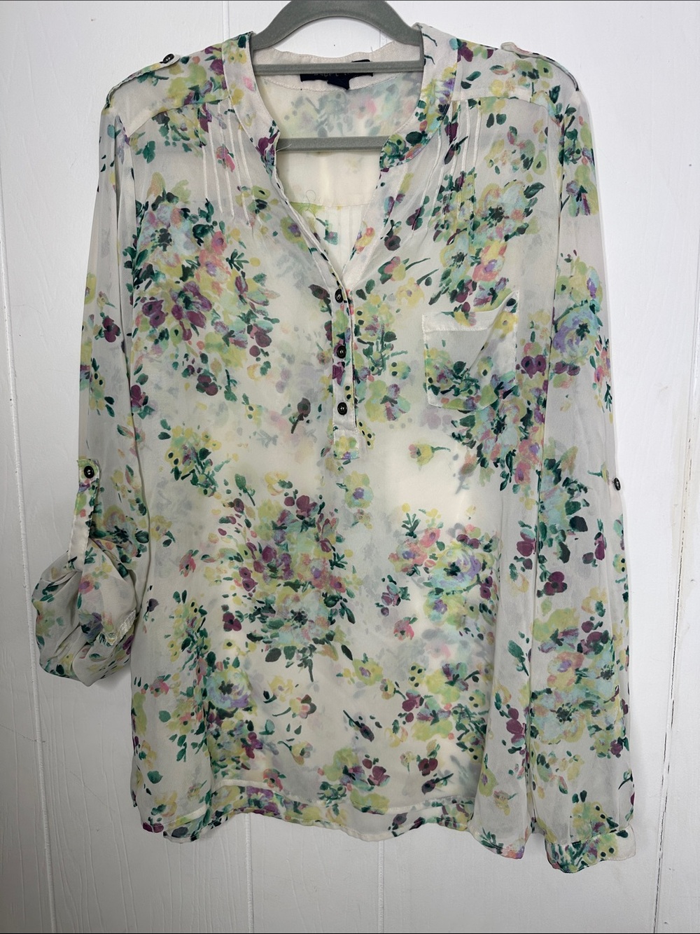 Sweet Rain Sheer Floral Button-Front Blouse in Cream with Pink, Purple & Green
